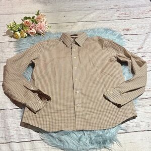 Banana Republic Non-Iron Untucked Fit Yellow Brown Check Button Down Shirt sz M